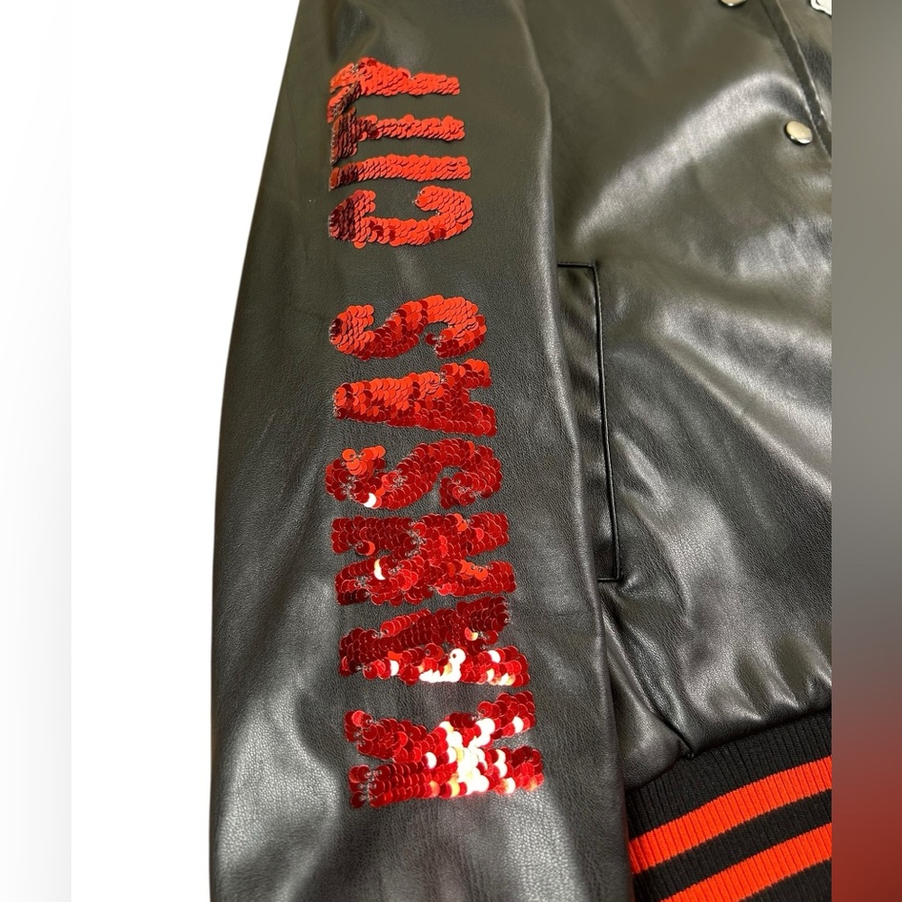 NFL Kansas City Chiefs Sequin Faux Leather Varsity Jacket Women Small‎ Black Red - Picture 6 of 16